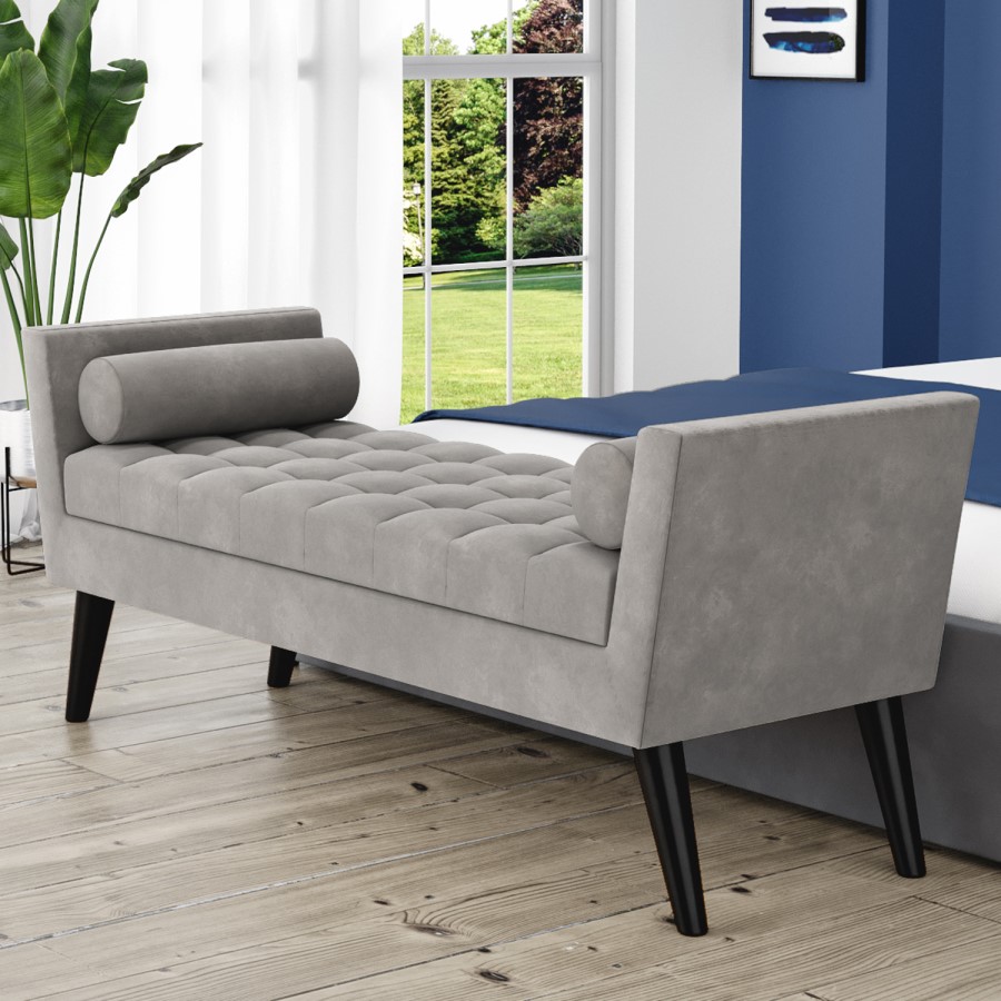 GRADE A2 - Grey Velvet End-of-Bed Bench with Bolster Cushions - Safina
