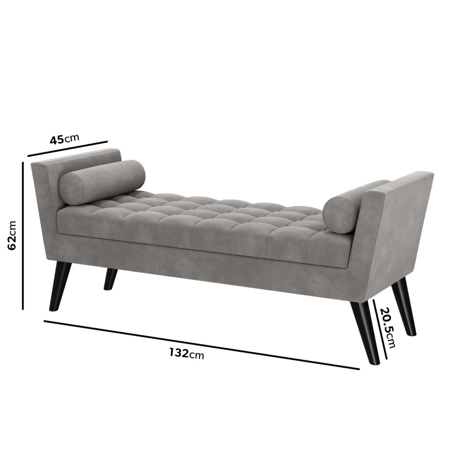 GRADE A2 - Grey Velvet End-of-Bed Bench with Bolster Cushions - Safina