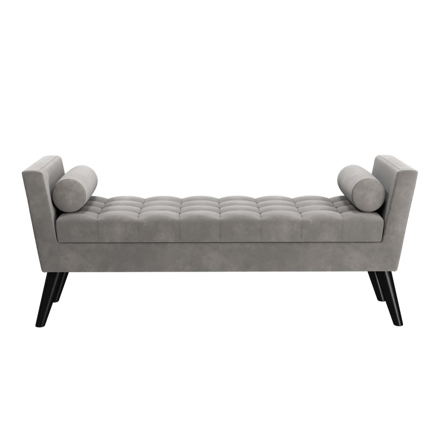 GRADE A2 - Grey Velvet End-of-Bed Bench with Bolster Cushions - Safina