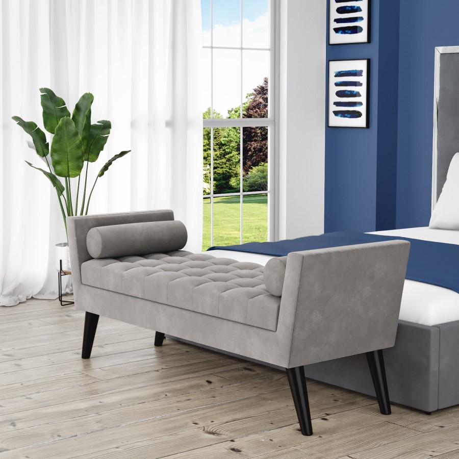 GRADE A2 - Grey Velvet End-of-Bed Bench with Bolster Cushions - Safina