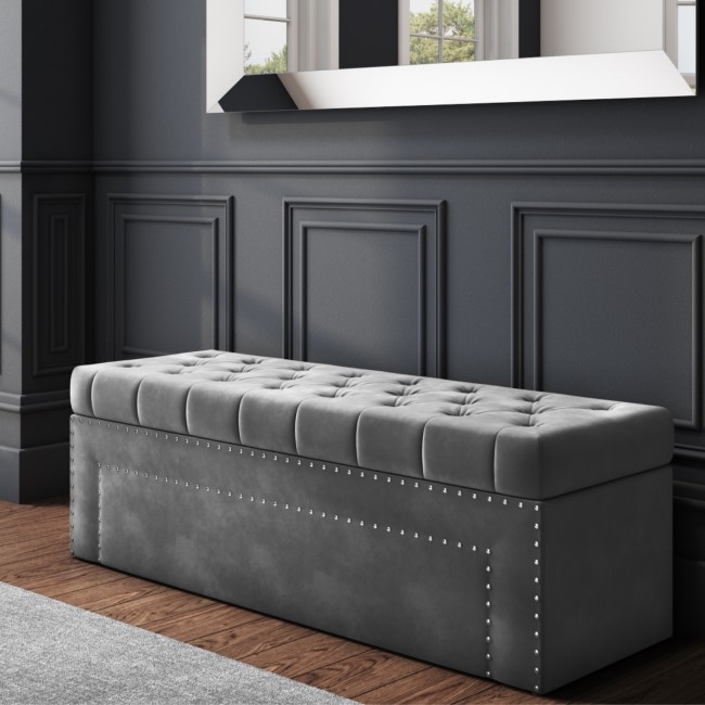 GRADE A2 - Safina Velvet Storage Blanket Box in Grey with Stud Detail