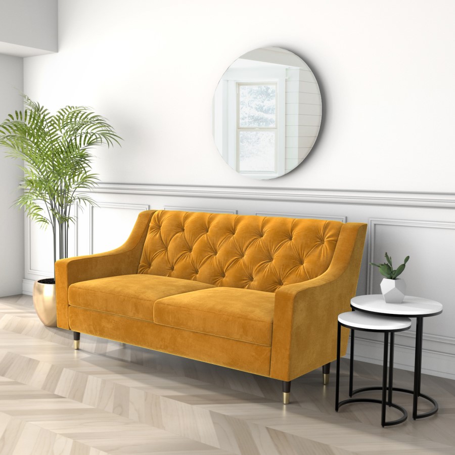 GRADE A2 - 2 Seater Sofa in Mustard Yellow Velvet with Buttoned Back - Cole