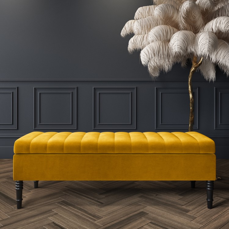 Mustard Yellow Velvet Striped Ottoman Storage Bench - Safina