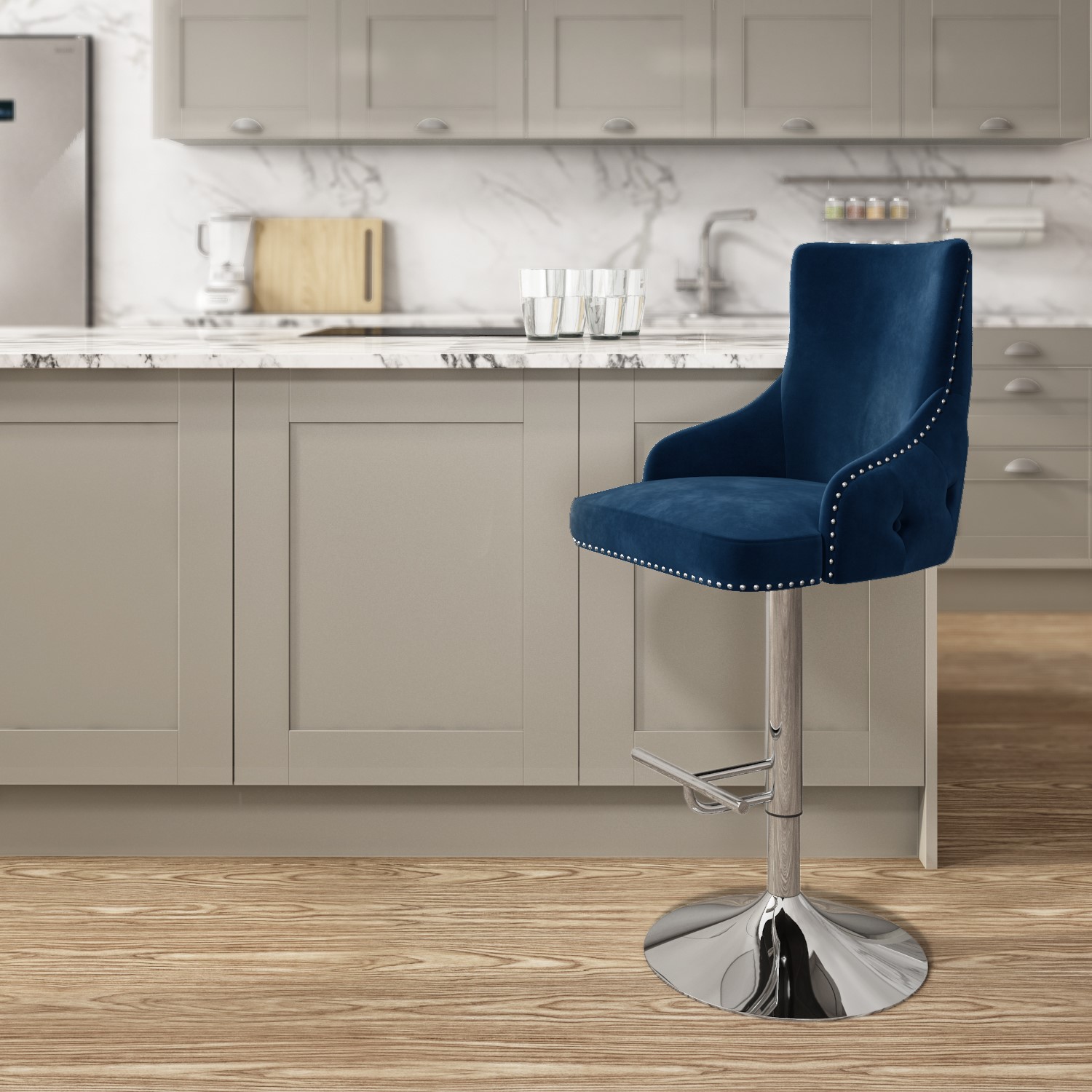 Navy Velvet Swivel Bar Stool - Height Adjustable - Jade Boutique ...
