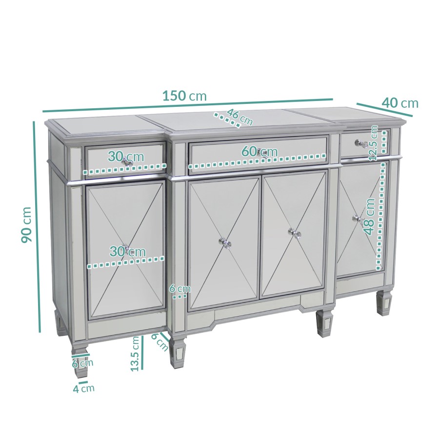GRADE A2 - Large Mirrored Sideboard with Crystal Handles - Jade Boutique