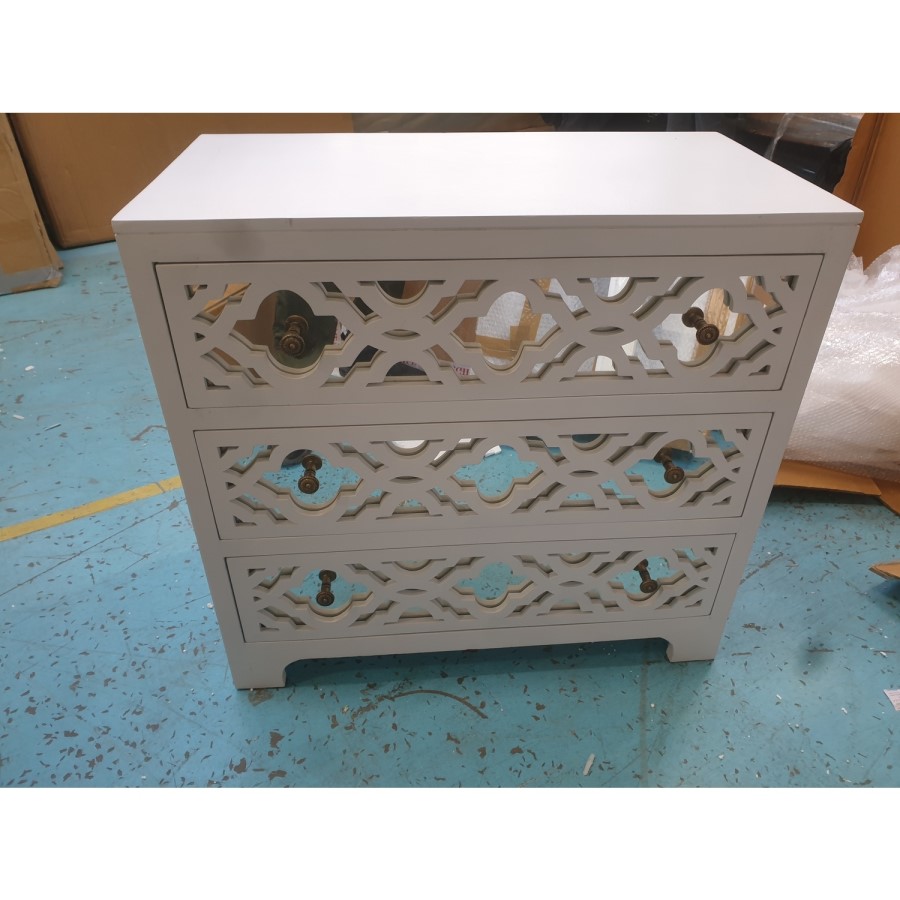 GRADE A2 - Light Grey Wooden Moroccan Mirrored Chest of 3 Drawers - Alexis