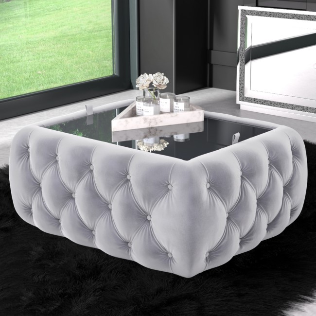 Silver Grey Vevlet Ottoman Coffee Table with Button Detail Clio