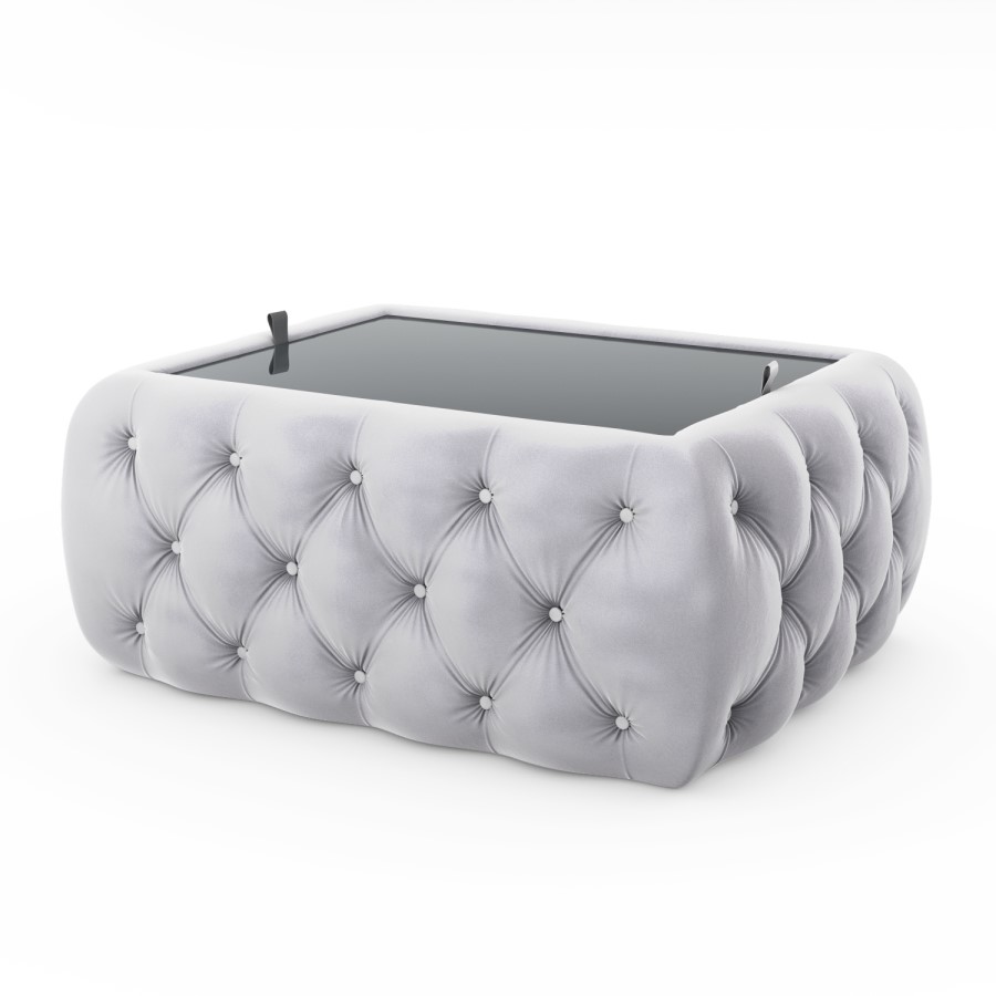GRADE A2 - Silver Grey Vevlet Ottoman Coffee Table with Button Detail - Clio