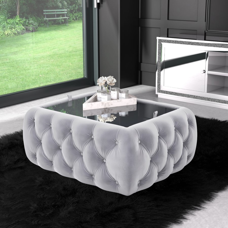 GRADE A2 - Silver Grey Vevlet Ottoman Coffee Table with Button Detail - Clio