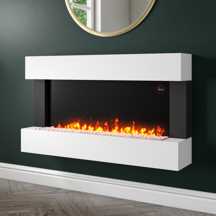 GRADE A2 - AmberGlo White Wall Mounted Electric Fireplace Suite with Logs & Crystal Fuel Beds