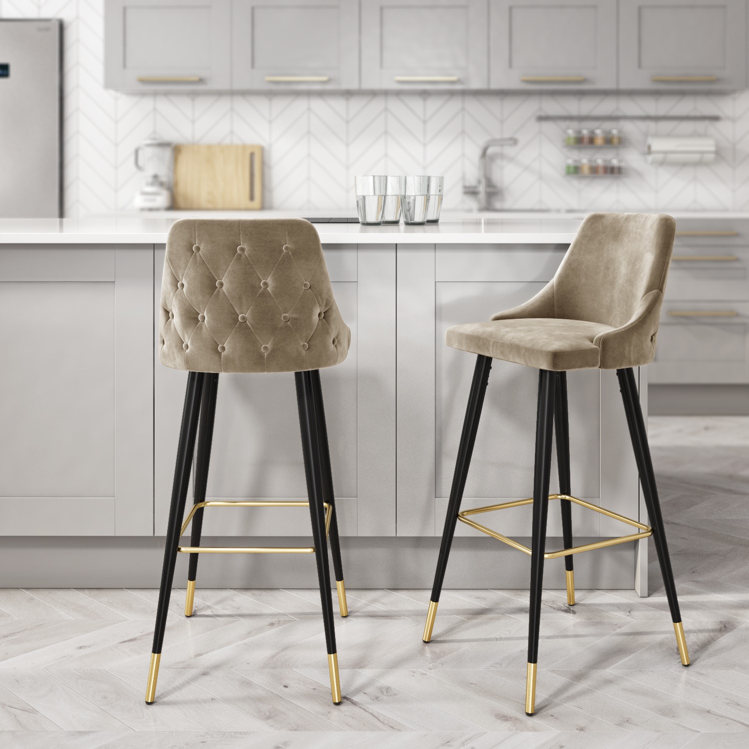 GRADE A2 - Beige Velvet Bar Stool with Button Back & Black Legs - Maddy ...