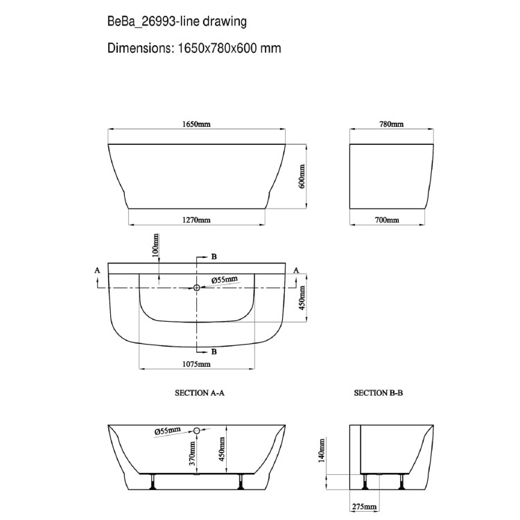 Freestanding Double Ended Back to Wall Bath 1650 x 780mm - Manilla