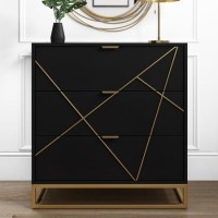 Black and Gold Patterned Chest of 3 Drawers with Legs - Zhara