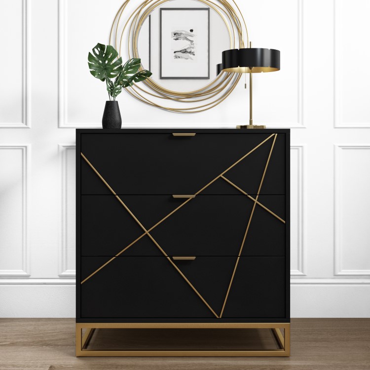 Black and Gold Patterned Chest of 3 Drawers with Legs - Zhara