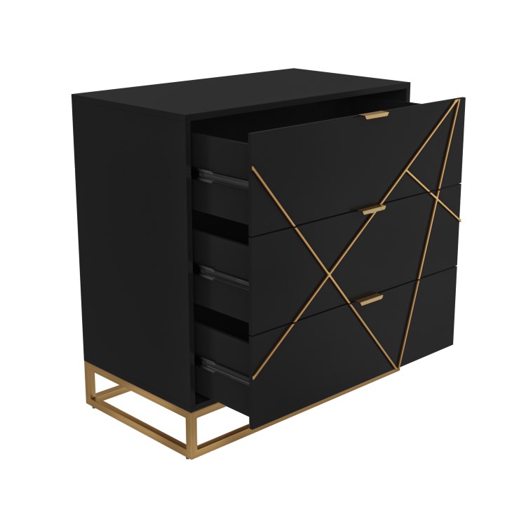 Black and Gold Patterned Chest of 3 Drawers with Legs - Zhara