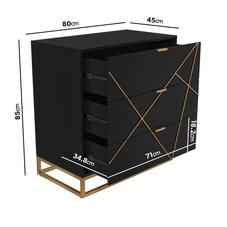 Black and Gold Patterned Chest of 3 Drawers with Legs - Zhara