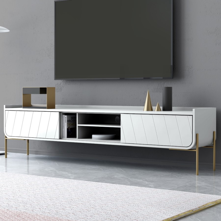 Wide White TV Stand with Storage - TV's up to 70" - Olis