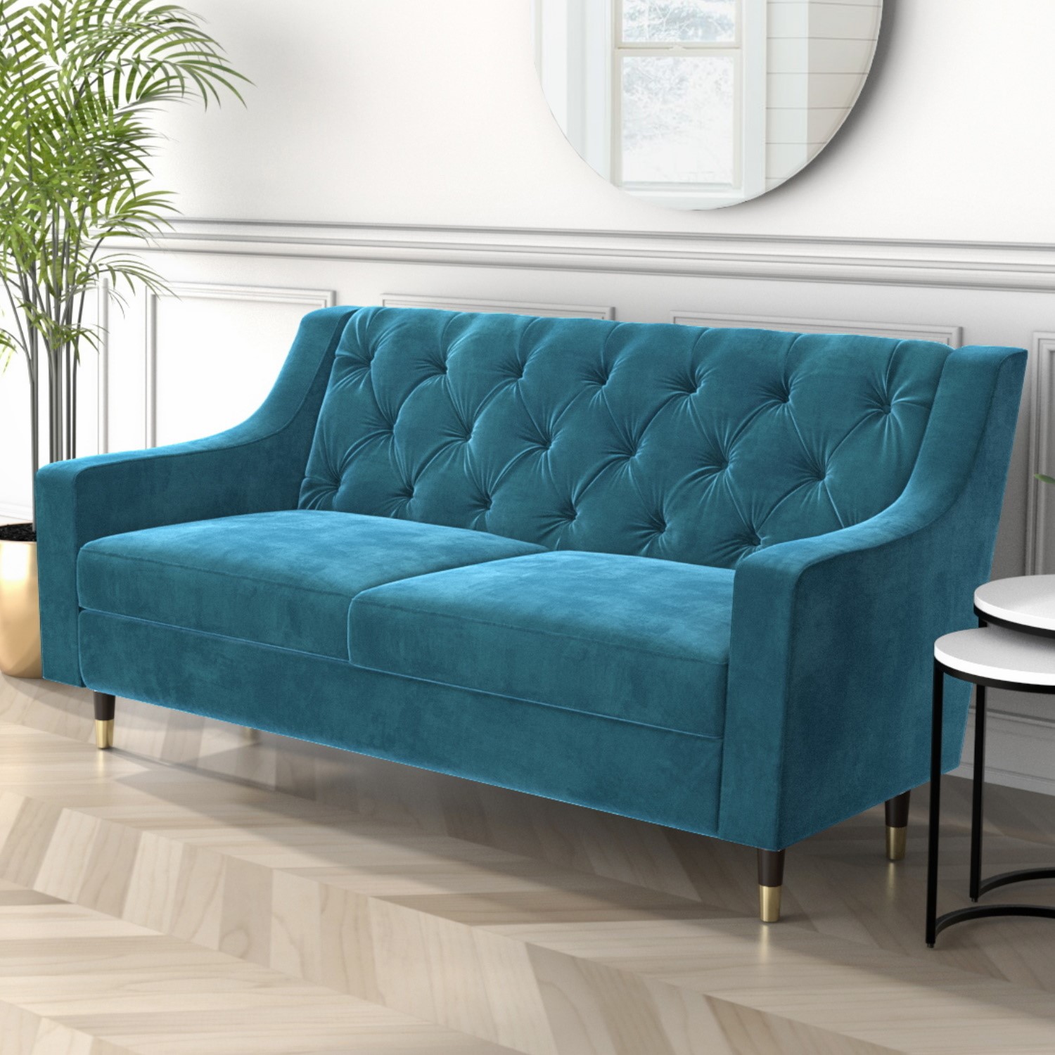 GRADE A1 - 2 Seater Sofa in Petrol Blue Velvet with Buttoned Back ...