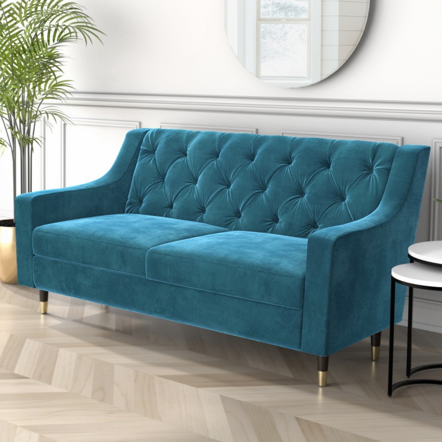 GRADE A2 - 2 Seater Sofa in Blue Velvet with Buttoned Back - Cole