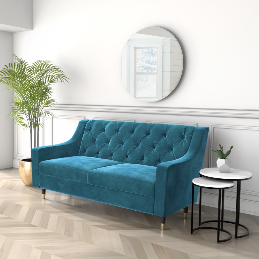 GRADE A2 - 2 Seater Sofa in Blue Velvet with Buttoned Back - Cole