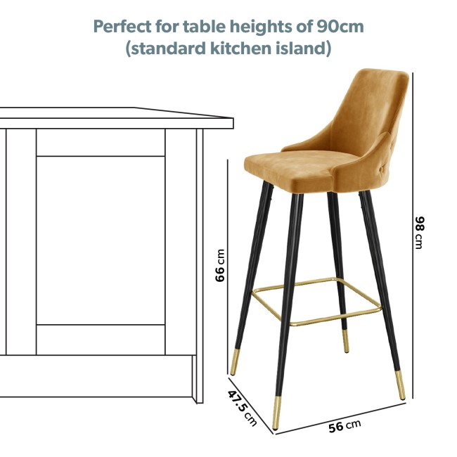 Mustard Velvet Kitchen Stool with Button Back - 66cm - Maddy