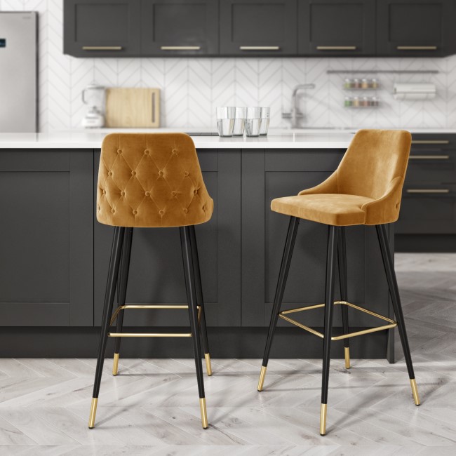 Mustard Velvet Kitchen Stool with Button Back - 66cm - Maddy