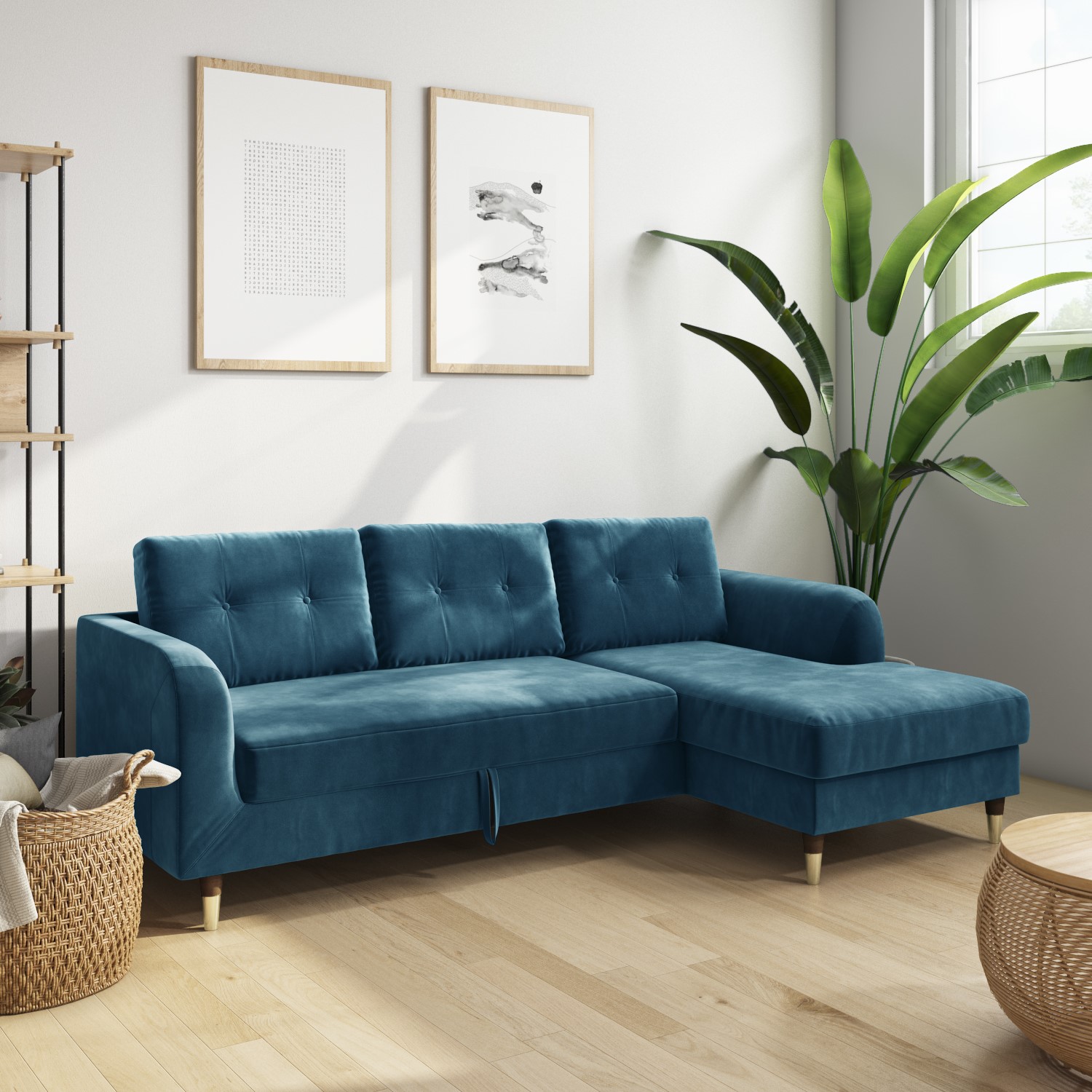 Teal Blue L Shaped Sofa Bed in Velvet - Right Hand Facing - Sutton ...
