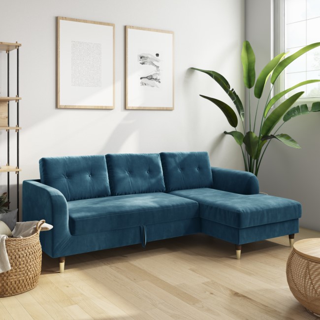 Teal Blue L Shaped Sofa Bed in Velvet  - Right Hand Facing - Sutton