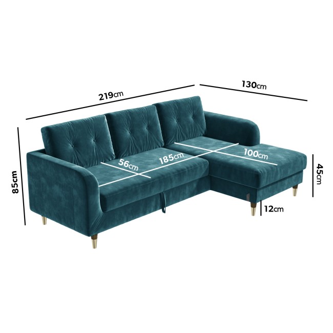Teal Blue L Shaped Sofa Bed in Velvet  - Right Hand Facing - Sutton