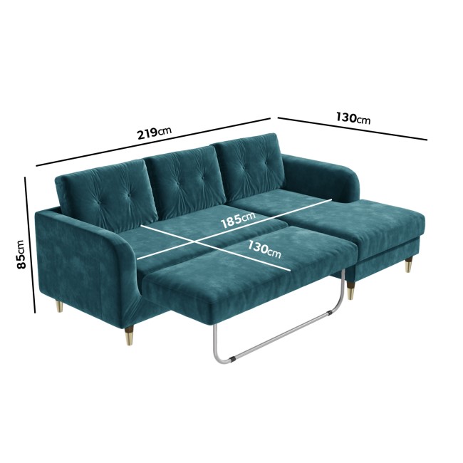 Teal Blue L Shaped Sofa Bed in Velvet  - Right Hand Facing - Sutton