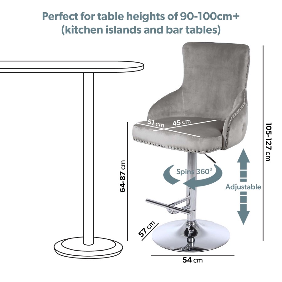 GRADE A2 - Light Grey Velvet Swivel Bar Stool - Height Adjustable - Jade Boutique