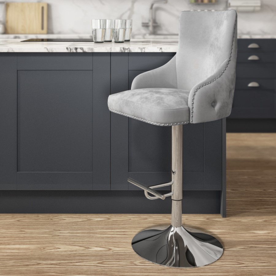GRADE A2 - Light Grey Velvet Swivel Bar Stool - Height Adjustable - Jade Boutique