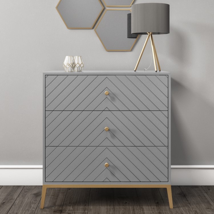 Grey Chevron Chest of 3 Drawers with Legs - Ezra