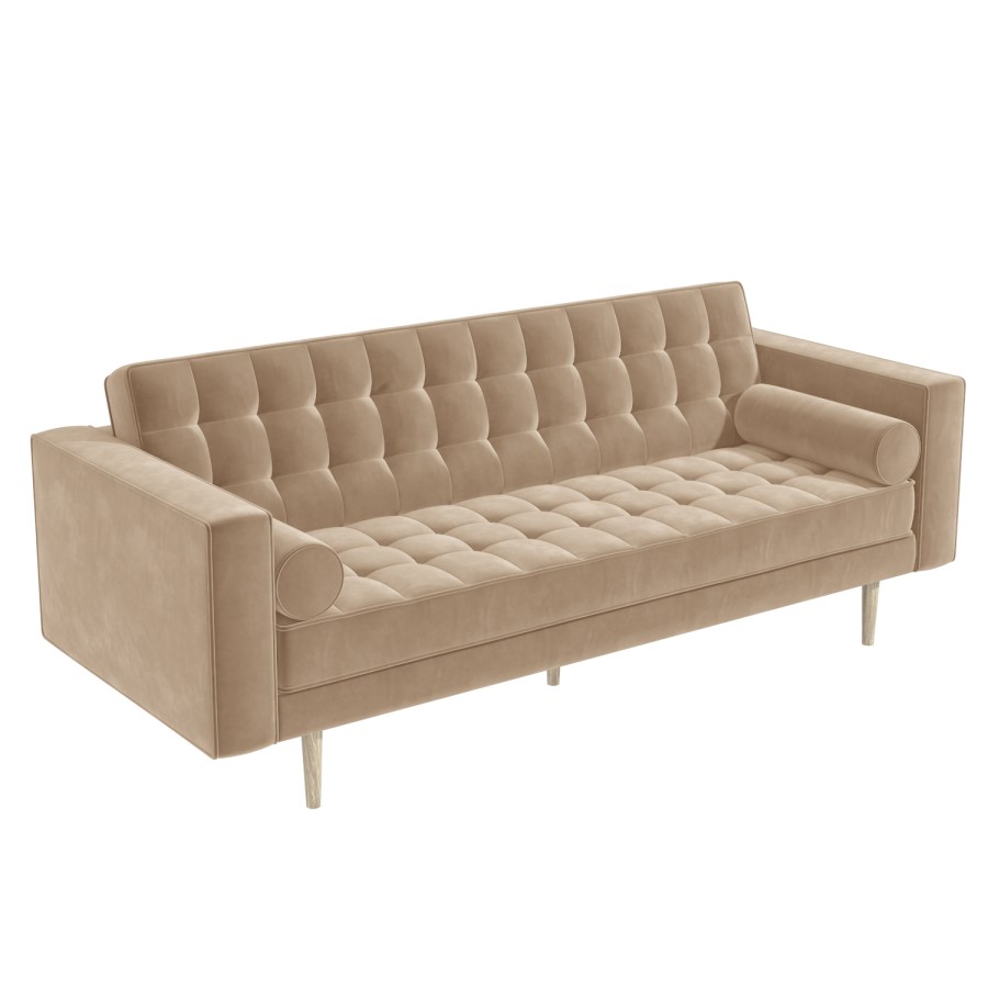 GRADE A1 - Beige Velvet 3 Seater Sofa with Bolster Cushions - Elba