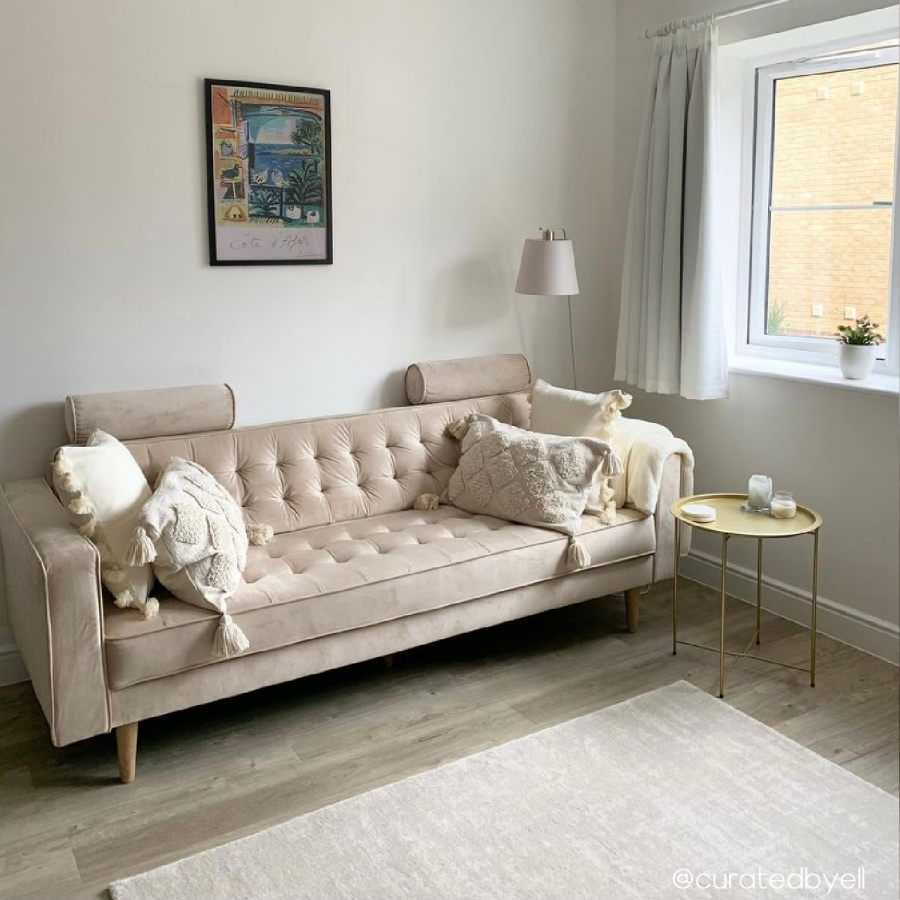 GRADE A1 - Beige Velvet 3 Seater Sofa with Bolster Cushions - Elba