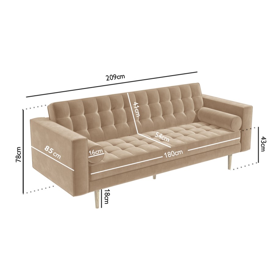 GRADE A1 - Beige Velvet 3 Seater Sofa with Bolster Cushions - Elba