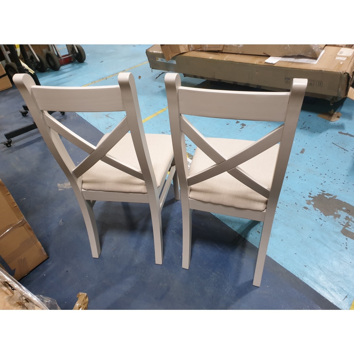 GRADE A2 Pair of Grey Paint Finish Dining Chairs with Fabric Seats