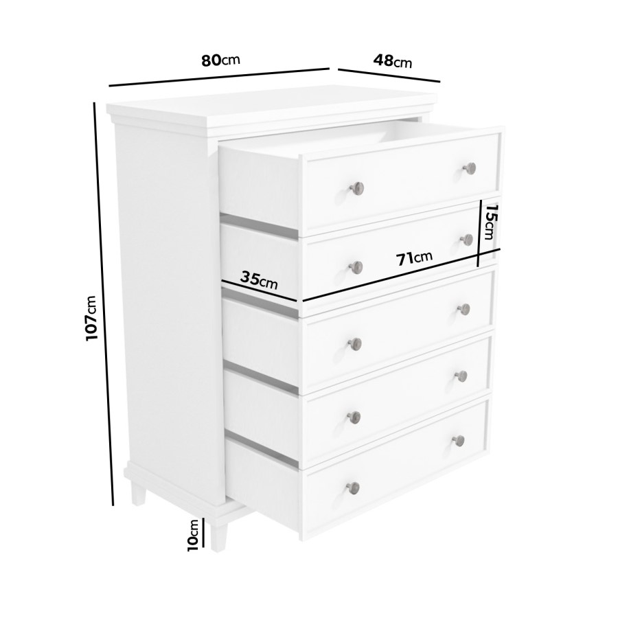 White Tall Chest of 5 Drawers - Georgia