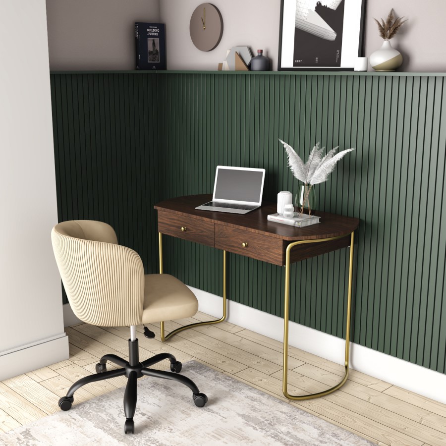 GRADE A2 - Walnut Solid Wood Office Desk with Curved Legs - Piper