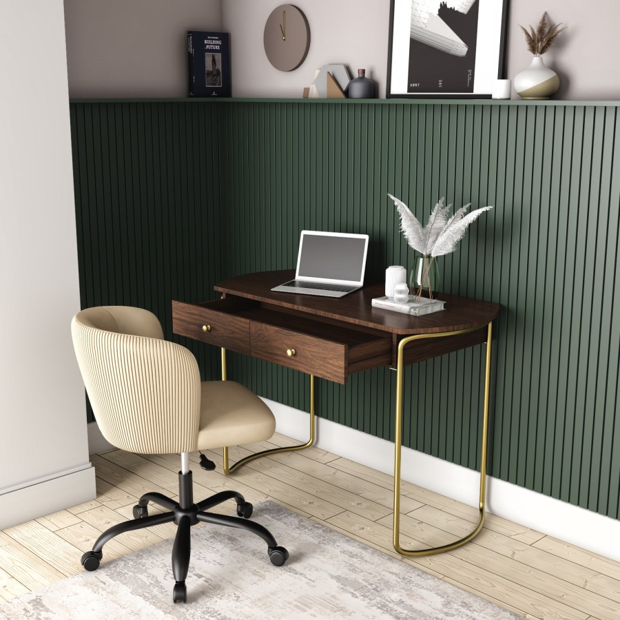 GRADE A2 - Walnut Solid Wood Office Desk with Curved Legs - Piper