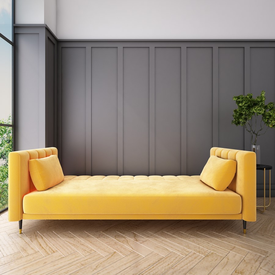 GRADE A1 - Yellow Velvet 3 Seater Sofa Bed with Cushions - Sleeps 2 - Mabel