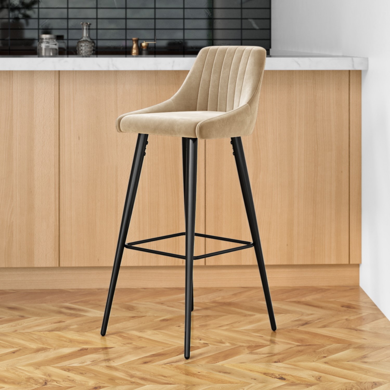 GRADE A1 - Beige Velvet Bar Stool with Back - 77cm - Macie - Furniture123