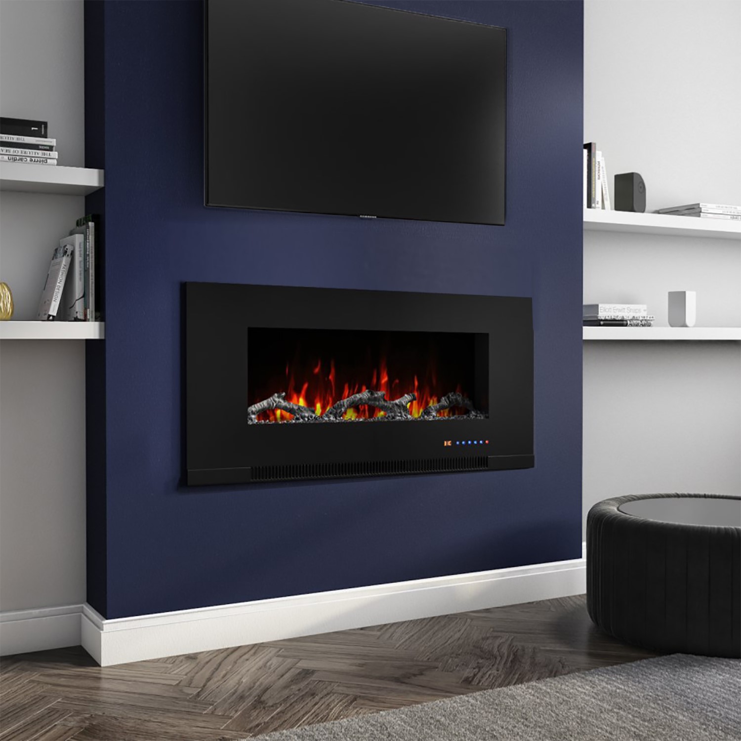 Black Wall Mounted or Recessed Electric Fire with Log and Crystal Fuel ...