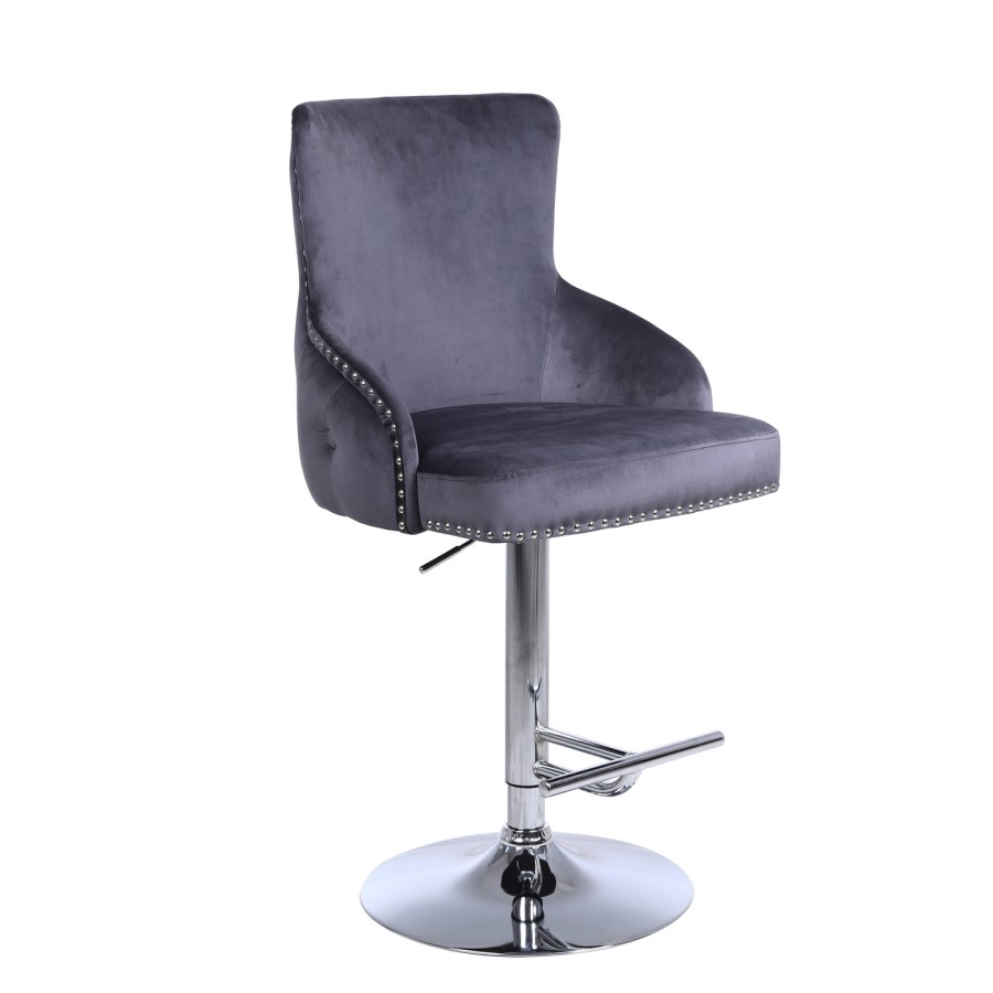 GRADE A1 - Dark Grey Velvet Bar Stool with Button Back & Swivel Base - Jade Boutique
