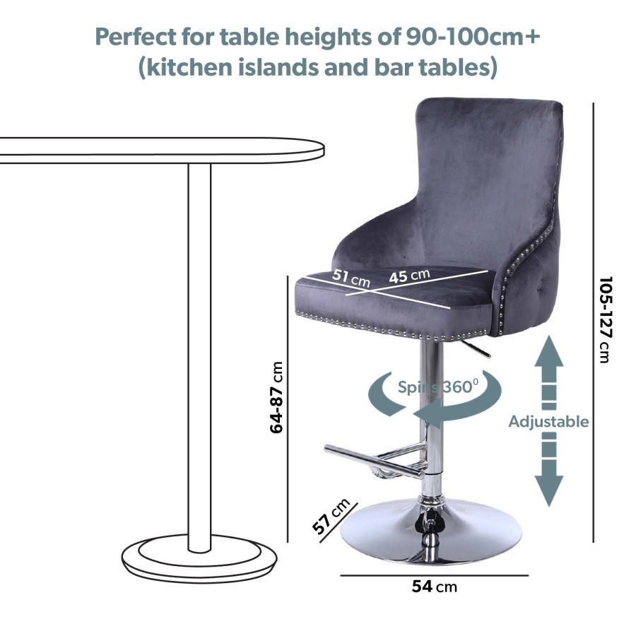 GRADE A1 - Dark Grey Velvet Bar Stool with Button Back & Swivel Base - Jade Boutique