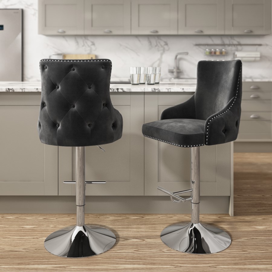 GRADE A1 - Dark Grey Velvet Bar Stool with Button Back & Swivel Base - Jade Boutique