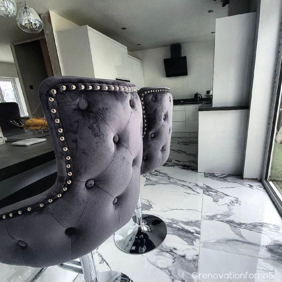 GRADE A1 - Dark Grey Velvet Bar Stool with Button Back & Swivel Base - Jade Boutique