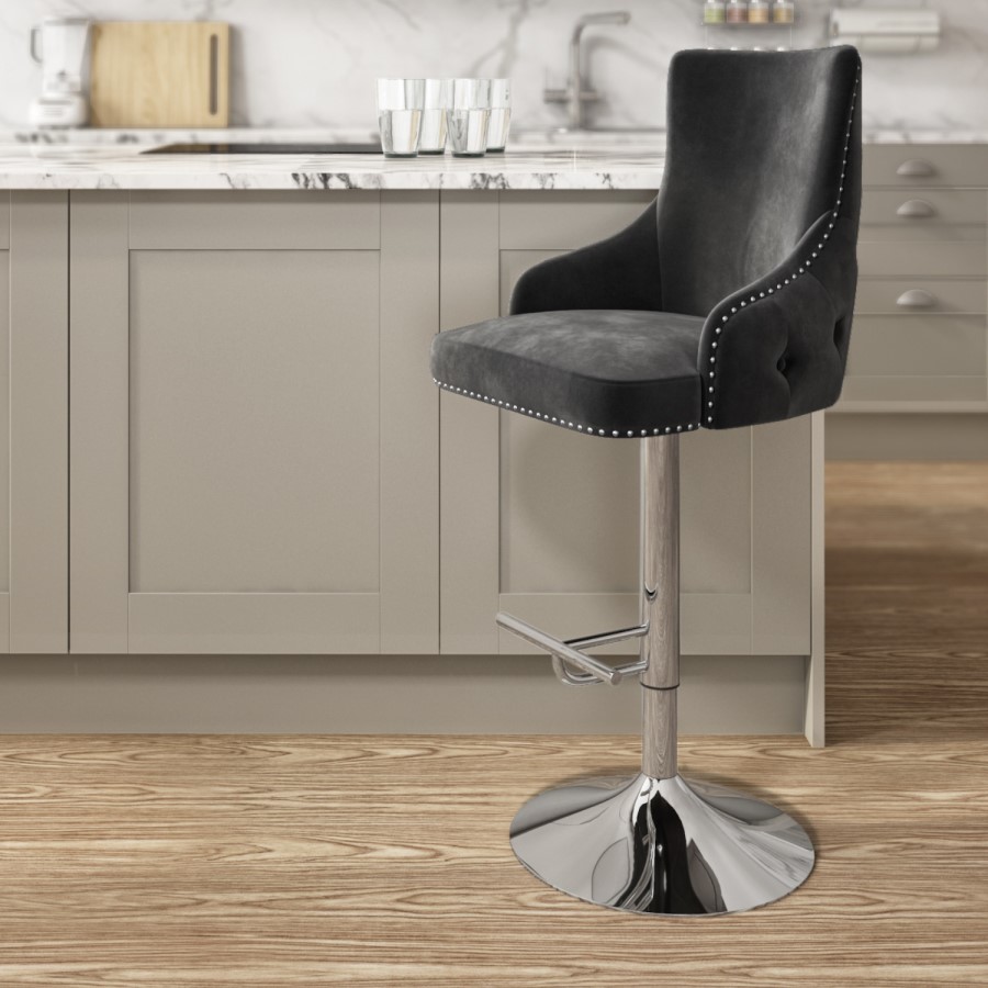 GRADE A1 - Dark Grey Velvet Bar Stool with Button Back & Swivel Base - Jade Boutique