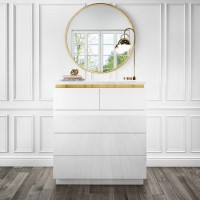 White High Gloss Chest of 5 Drawers with Metallic Trim - Isabella White High Gloss Chest of 5 Drawers with Metallic Trim - Isabella