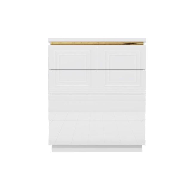 White High Gloss Chest of 5 Drawers with Metallic Trim - Isabella